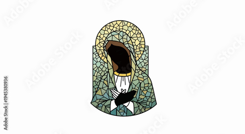 Stained glass depiction of a figure with dark face and clasped hands