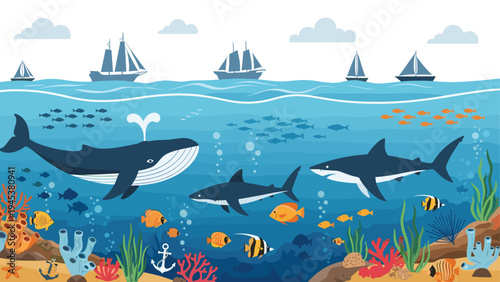 Vibrant underwater world showcases diverse marine life including whales and sharks swimming near colorful coral reefs.