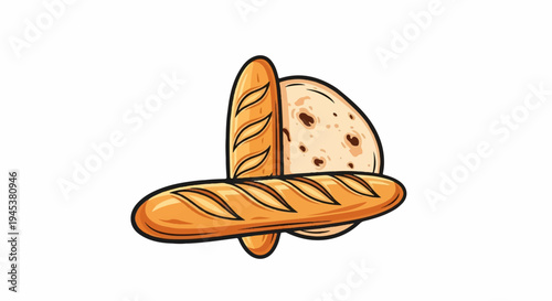 A still life arrangement featuring two baguettes and a flatbread slice