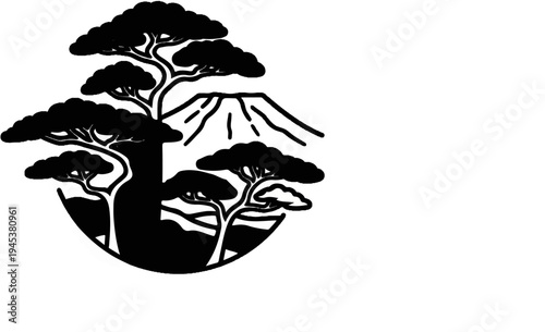 Stylized black and white graphic of trees and a mountain within a circle