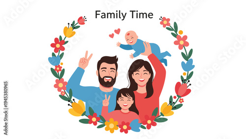 Joyful family of four poses together within a colorful floral wreath symbolizing love and togetherness during their time.