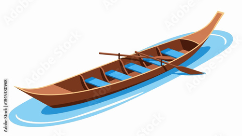 A traditional long, narrow wooden boat with blue seats and oars rests on calm blue water