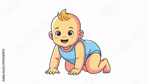 Adorable cartoon baby crawling forward, wearing a blue bodysuit