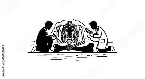 Archeologists excavating a large skeleton with tools and magnifying glass