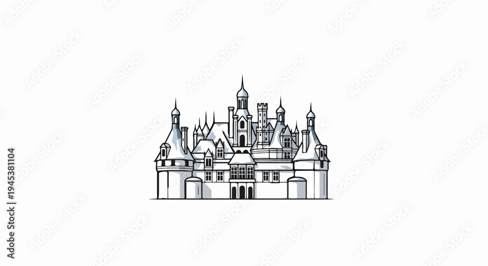 Fototapeta premium Stylized line art illustration of a grand castle with multiple towers and spires