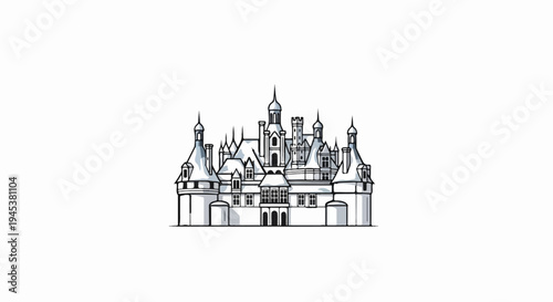 Stylized line art illustration of a grand castle with multiple towers and spires