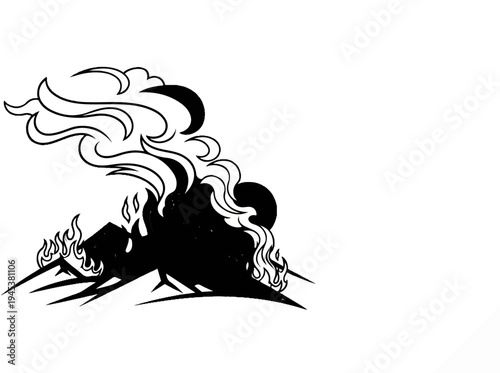 Stylized mountain engulfed in dramatic flames and swirling smoke