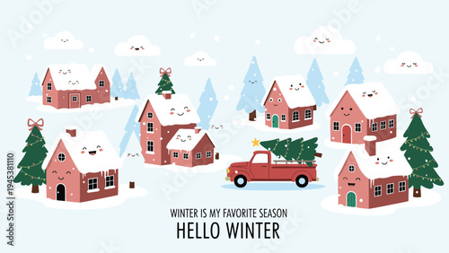 Cozy winter village features charming pink houses covered in snow and a vintage truck carrying a fresh evergreen tree.
