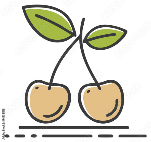 Simple graphic illustration of two stylized cherries with green leaves and stems