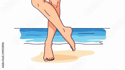 Stylized legs and feet crossed at the ankles on a sandy beach near blue water