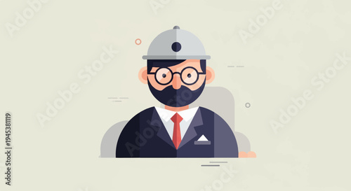 Stylized man wearing glasses, beard, suit, tie, and helmet