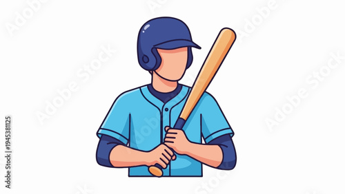 Cartoon baseball player in uniform with bat and helmet