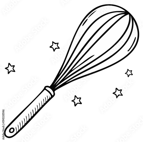 Doodle of a kitchen whisk and stars, cooking and baking concept, hand-drawn outline, celebration