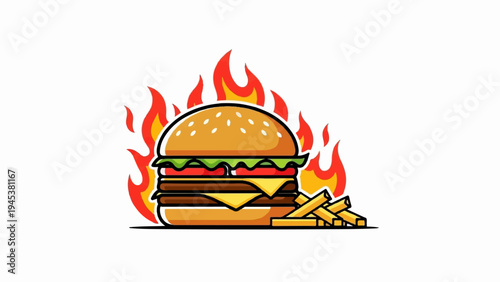 A stylized double cheeseburger with fries surrounded by cartoonish flames