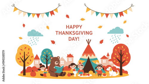 Diverse group of children shares a thanksgiving picnic with a friendly bear and dog near a colorful teepee in the park.