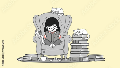 Studious young girl sits in a cozy armchair reading a book while surrounded by several sleeping cats and tall stacks.