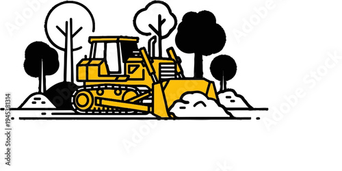 Yellow bulldozer clearing dirt and pushing earth with trees in background