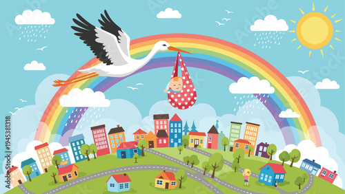 Majestic stork flies through a vibrant sky over a colorful town carrying a new baby in a bundle under a bright rainbow.