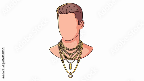 Stylized portrait of a man's head and shoulders adorned with multiple gold chains