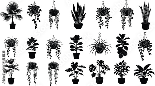 Collection of indoor houseplant silhouettes in pots and hanging planters modern botanical vector set for home decor gardening interior design