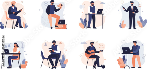 Various people engaged in different activities, including working on laptops, reading, and playing music