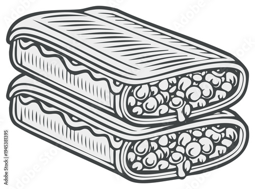 Stacked toasted sandwiches with visible filling illustration