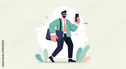 Trendy man with phone and briefcase walks past foliage