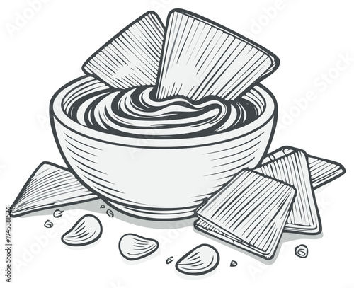 Bowl of dip with chips in engraved black and white style illustration