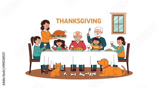 Extended family gathers around a large dinner table to share a traditional thanksgiving meal with their beloved pets.