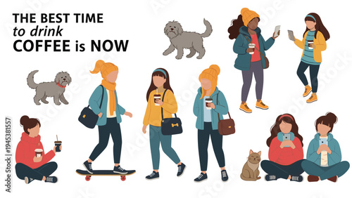 Diverse group of modern young women enjoys drinking coffee while walking dogs or using their smartphones in the city.