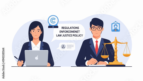Two professionals discussing legal matters, with symbols of justice and copyright