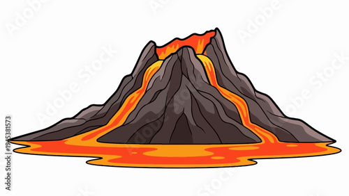 Stylized volcano erupting molten lava down its rocky slopes