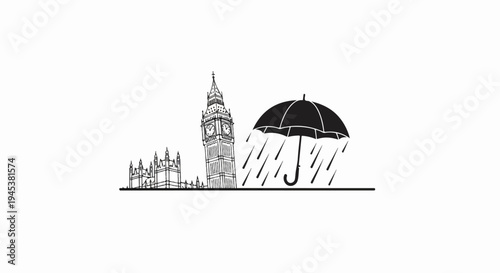 Stylized sketch of iconic clock tower and parliamentary buildings under an umbrella