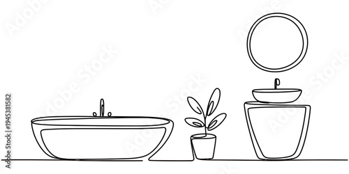 Continuous line bathroom interior sink mirror plant minimal home vector