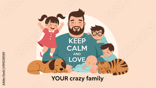 Cheerful father holds his many children and family pets in a big hug representing the joy of a busy and loving household.