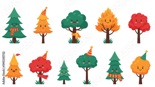 Collection of charming cartoon trees with expressive faces wearing winter hats and scarves celebrates the change of seasons.