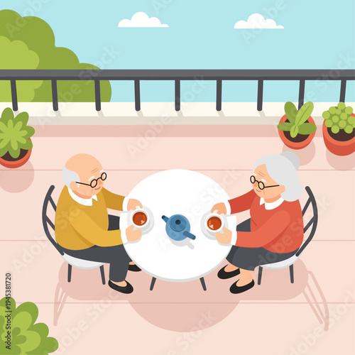 Elderly couple enjoying tea outdoors together.