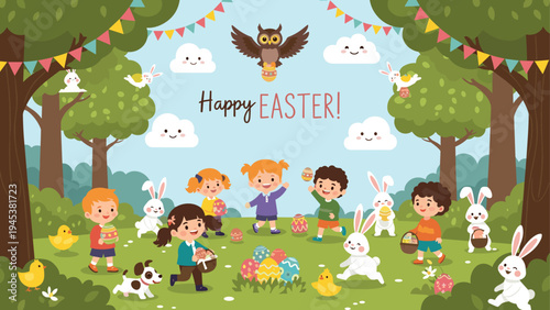 Group of happy children and white bunnies enjoy an easter egg hunt in a sunny forest clearing decorated with festive flags.