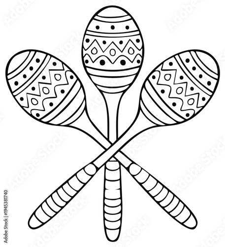 Three stylized maracas with intricate patterns for music making and educational coloring page