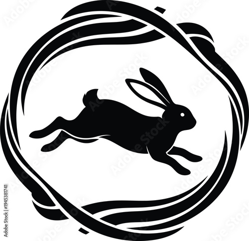 A black silhouette of a rabbit in motion within a circular design