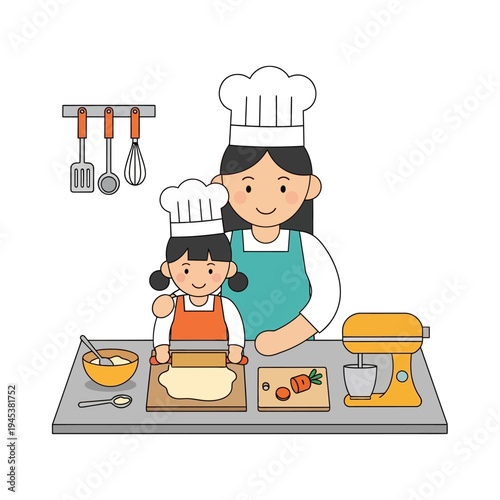 Mother and child baking together happily.