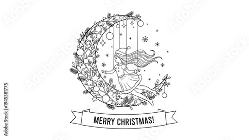 Elegant line art illustration features a magical fairy girl flying inside a decorative crescent moon wreath for Christmas.
