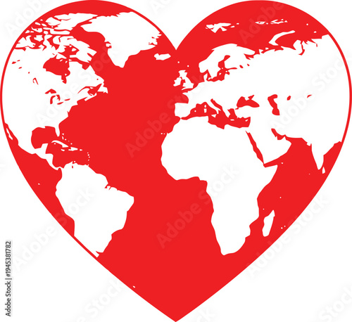 A heart shaped illustration of the world map in red and white colors symbolizing global love and unity across continents and countries