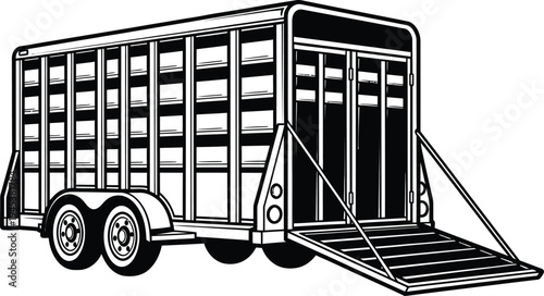 Detailed Black and White Illustration of a Livestock Trailer with Open Ramp.