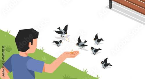 Man feeding birds in the park.