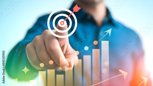 Business professional interacting with digital target symbol and ascending bar chart elements symbolizing precision marketing and goal oriented results