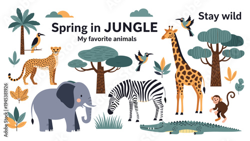 Collection of various wild animals from the jungle including elephant, giraffe, zebra, and cheetah in a flat vector illustration style.