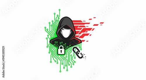 Anonymous hacker figure on circuit board with broken link