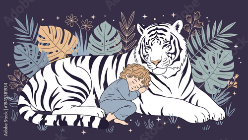 Little child sleeping peacefully alongside a majestic white tiger amidst tropical leaves and stars in a dreamlike illustration.