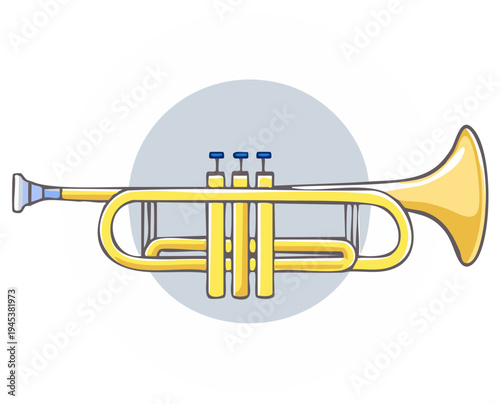 Cartoon trumpet icon illustration of a brass musical instrument for jazz orchestra and classical music concepts